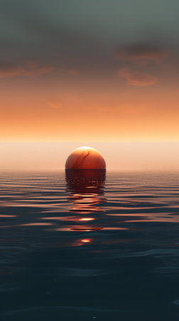 3D render of a sunset in the sea with an orange ballの素材