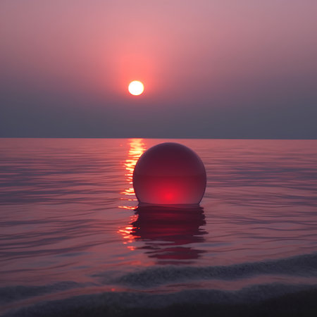 Sunset in the sea with a glass ball. 3d renderの素材