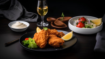 Crispy fried chicken nuggets served on a black plate.の素材