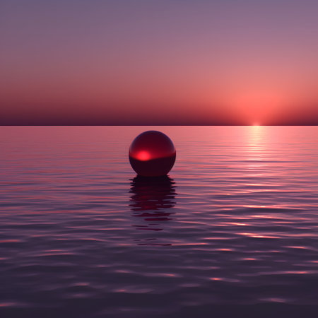 3d render of a red ball floating in the sea at sunsetの素材