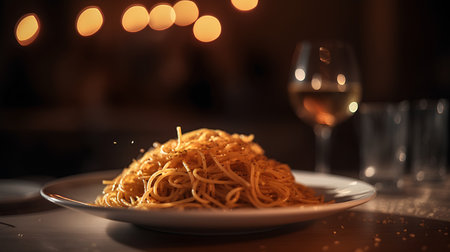 spaghetti on a plate in a restaurant with a glass of wineの素材