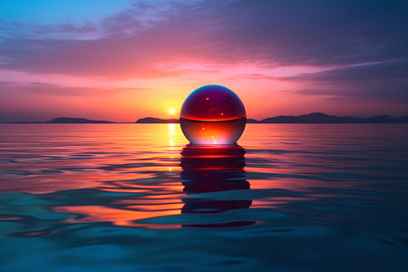 Sunset in the sea with crystal ball. 3D rendering.の素材