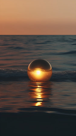 Sunset in the sea with a sphere in the water. 3d renderの素材