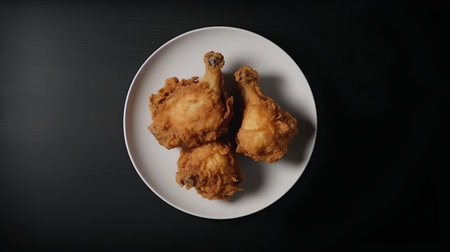 Fried chicken on a white plate on a black background, top viewの素材