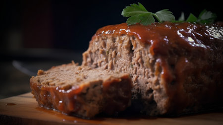 Meatloaf on a wooden board with parsley and tomato sauceの素材