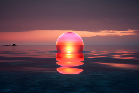 sunset in the sea. 3D illustration. The sun is reflected in the water.の素材