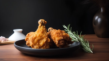 Fried chicken with rosemary on a black plate. Dark background.の素材
