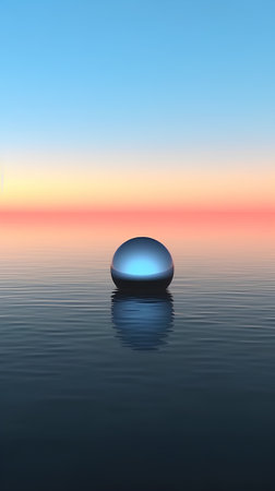 sunset with water and glass sphere in the water, 3d renderの素材