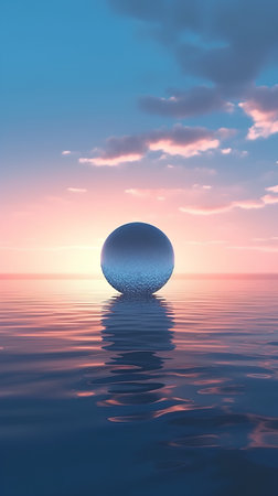 3d render of a glass ball floating in the water at sunsetの素材