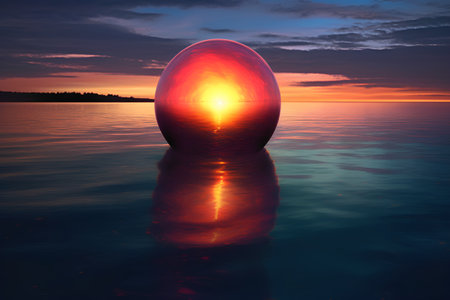 Sunset over the lake. 3D rendered illustration with red sun.の素材