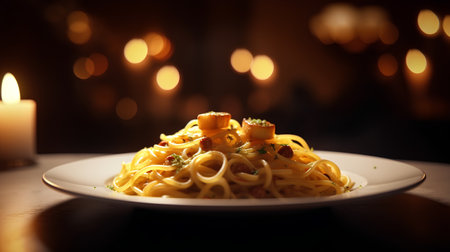 Spaghetti carbonara with bacon and parmesan cheese on a plateの素材