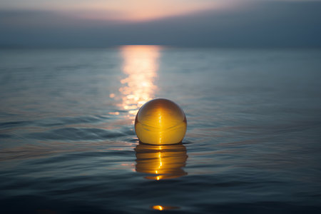 Beautiful sunset on the sea with a yellow ball in the waterの素材