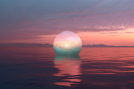 3d render of an egg in the sea with a beautiful sunsetの素材