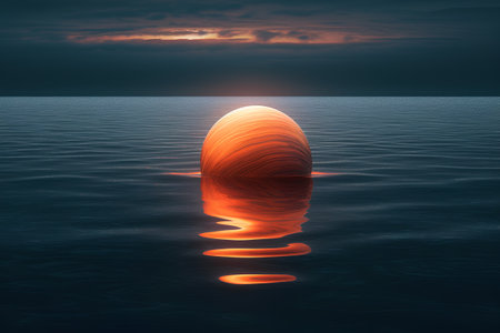 3D rendering of an abstract sphere in the water at sunset.の素材