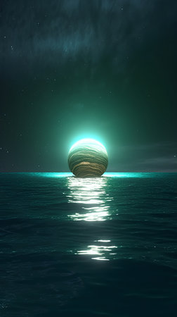 abstract scene with planet in the sea. 3d render.の素材