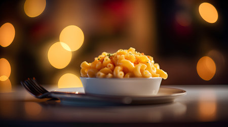 Macaroni and cheese in a white bowl on a dark backgroundの素材