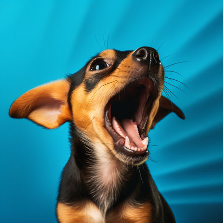 Portrait of a cute puppy on a blue background. The dog yawns.の素材