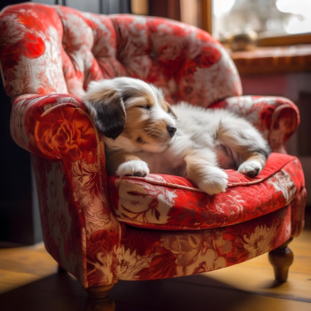 Adorable Australian Shepherd puppy sleeping on a red armchair at homeの素材
