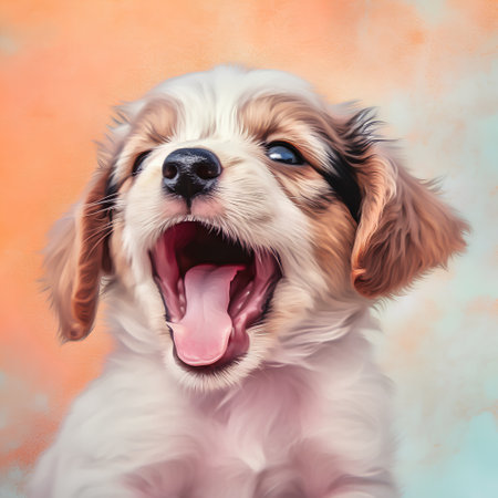 Cute puppy of cavalier king charles spaniel on orange backgroundの素材
