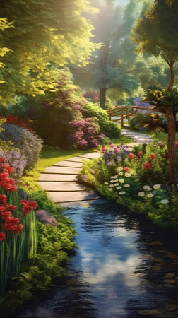 Beautiful garden with pond and bridge in the morning. Digital paintingの素材