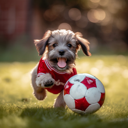 Adorable mixed breed puppy playing with a soccer ball in the gardenの素材