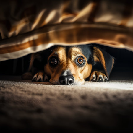 Cute dog under the blanket in the bedroom. Selective focus.の素材