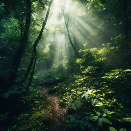 Beautiful tropical rainforest with sunbeams shining through the treesの素材