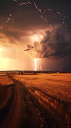 Dramatic stormy sunset over a field with wheat and lightningの素材