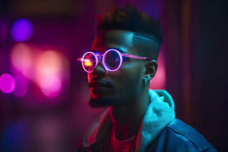 Portrait of handsome african american man in neon light.の素材