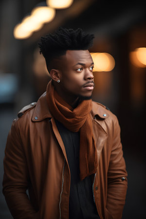 Handsome african american man in leather jacket and scarfの素材