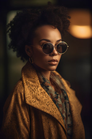 Fashionable african american woman in sunglasses and coat.の素材