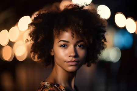 Beautiful african american woman with afro hairstyle at nightの素材