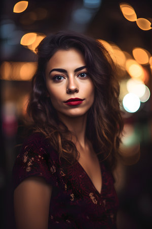 Portrait of a beautiful young brunette woman with red lips.の素材