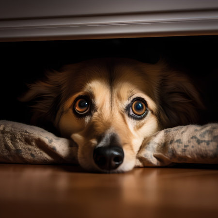Portrait of a cute dog lying on the floor at home.の素材