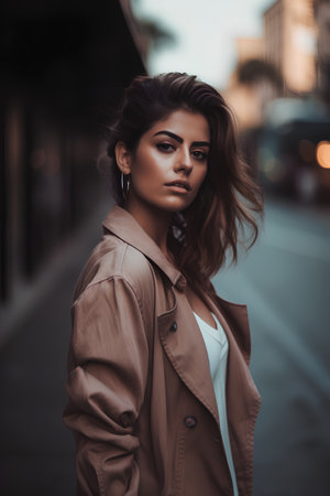 Outdoor portrait of beautiful young woman in beige trench coat.の素材