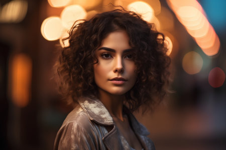 Portrait of a beautiful young woman with curly hair on the background of the night city.の素材