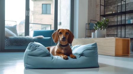 Cute little dachshund dog lying on a pillow at homeの素材