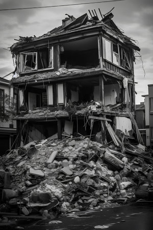 Black and white image of a building being demolished by a storm.の素材