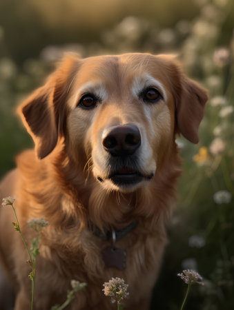 Portrait of a dog on a meadow in sunset light.の素材