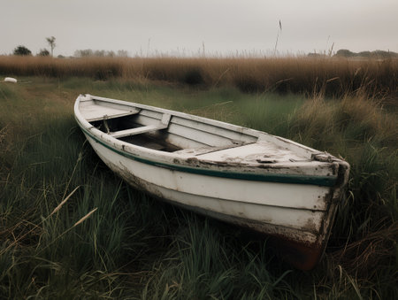 Abandoned boat on a meadow in the morning light.の素材