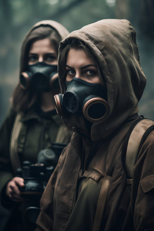 Two women in gas masks and a hoodie are standing in the forest.の素材