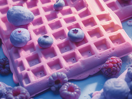 Blueberry and raspberry ice cream in a pink waffle cup.の素材