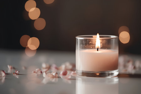 Beautiful burning candle in glass on table with bokeh backgroundの素材