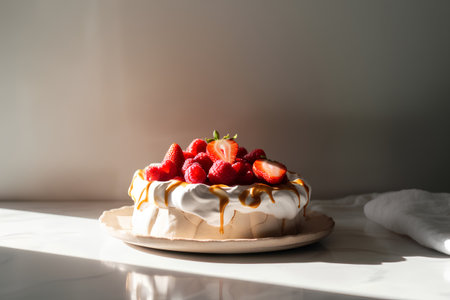 Pavlova cake with cream and fresh strawberries on a white backgroundの素材