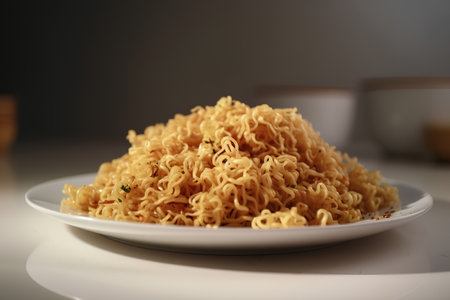 Instant noodles in a plate on a white background. Selective focus.の素材