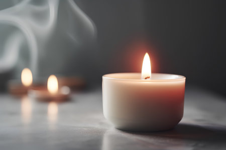Burning candle with smoke on grey background, closeup. Space for textの素材