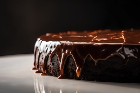 Chocolate cake with chocolate glaze on a black background. Selective focus.の素材