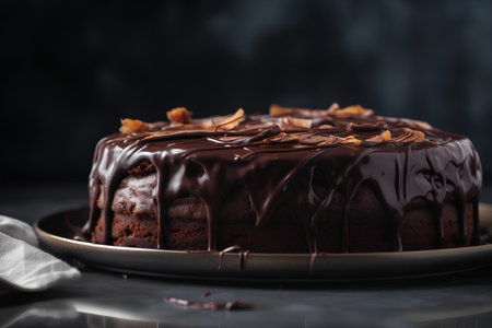 Chocolate cake with chocolate glaze and almonds on a dark backgroundの素材