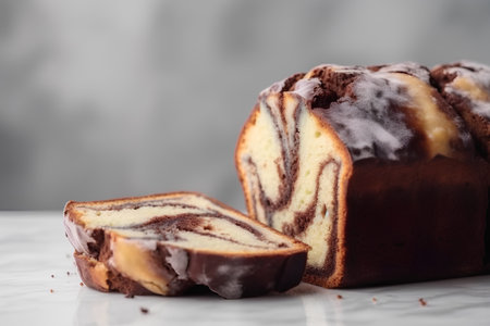 Sweet roll cake with chocolate glaze on a white background. Selective focus.の素材