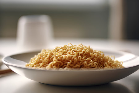 Instant noodles in a white bowl on a table. Selective focus.の素材